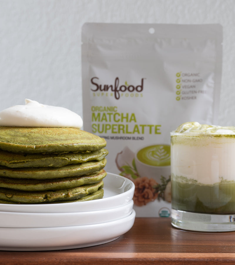 Fluffy Matcha Pancakes With Sunfood Matcha Superlatte