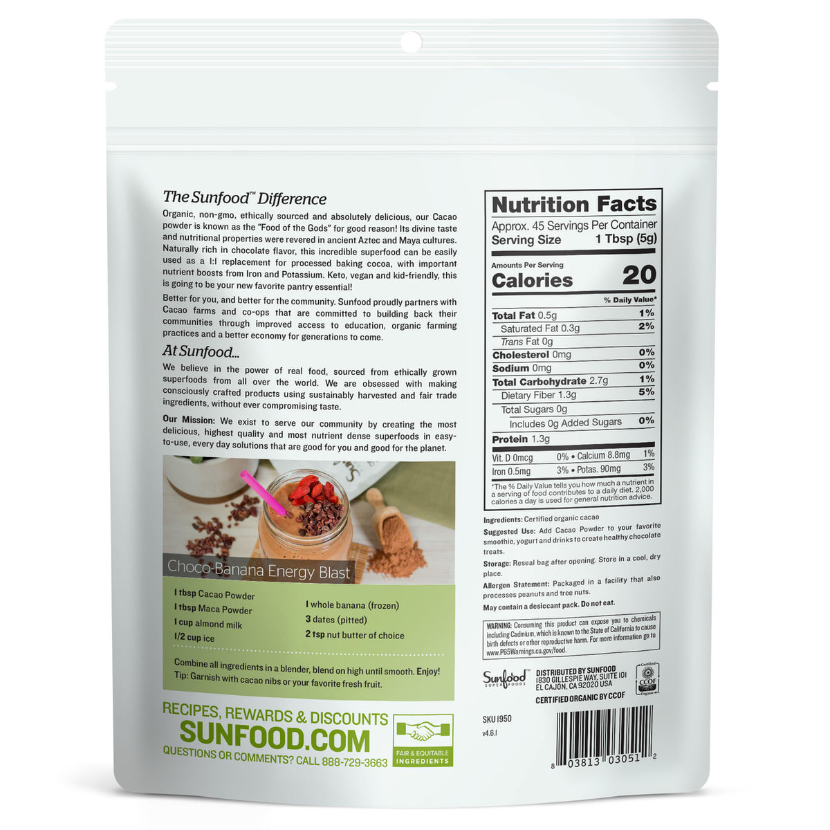Sunfood Cacao Powder, Organic Raw - Back