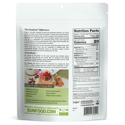 Sunfood Cacao Powder, Organic Raw - Back