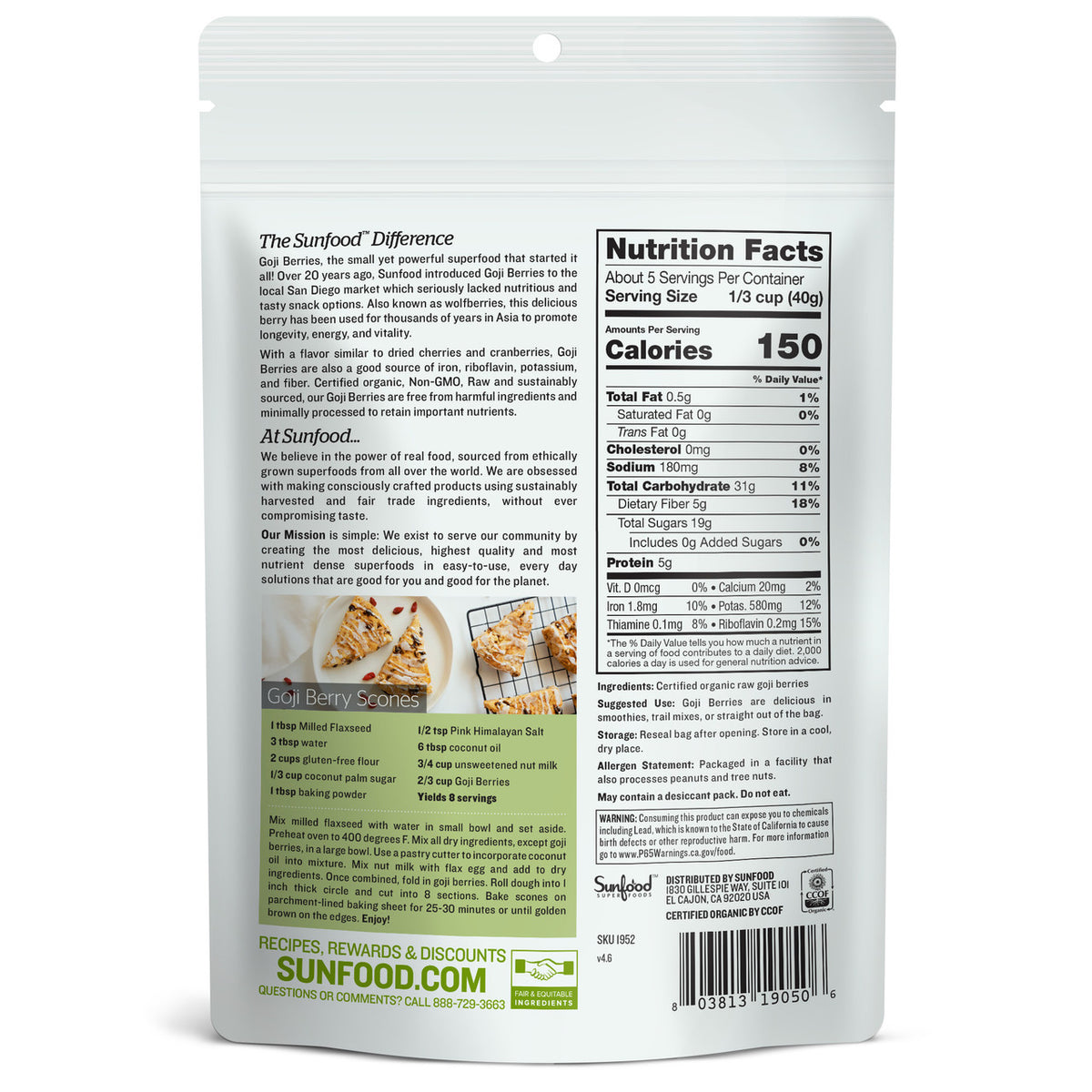 Goji Berries, Organic, 8oz - Back