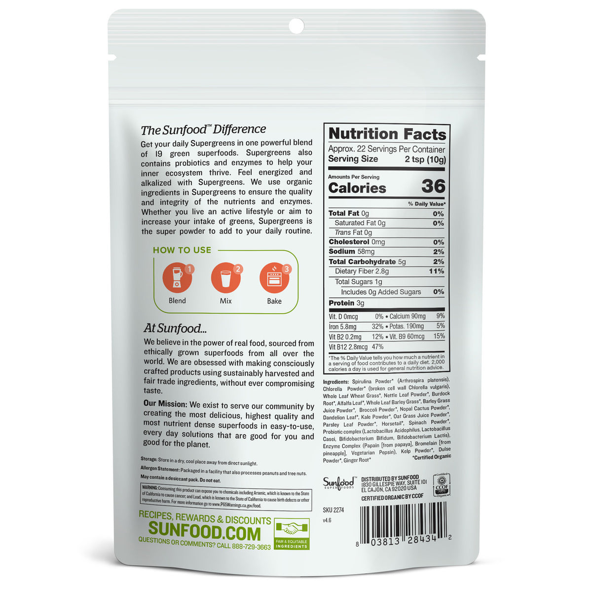 Supergreens, 8oz, Organic - Back