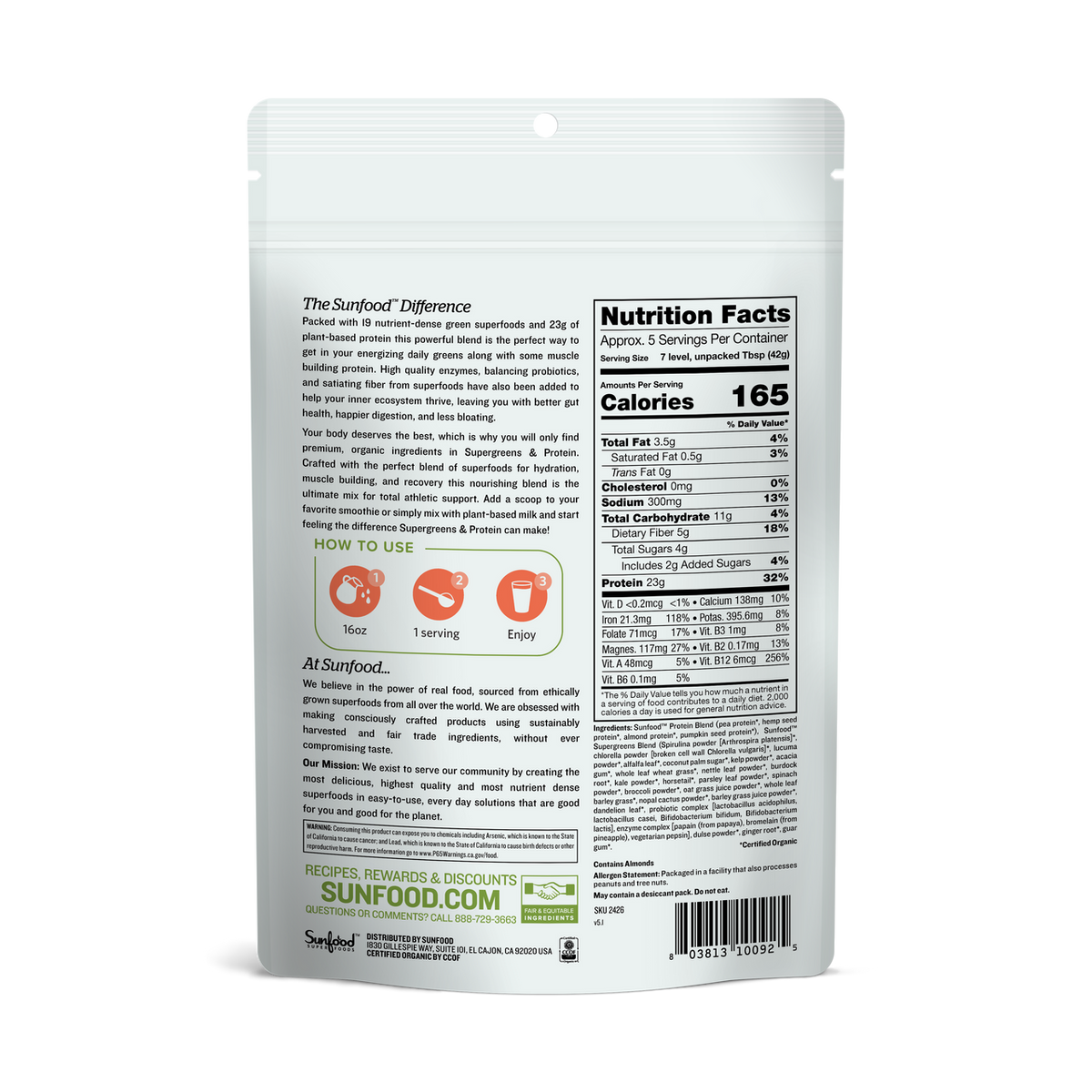 Supergreens & Protein, 8oz, Organic - Back