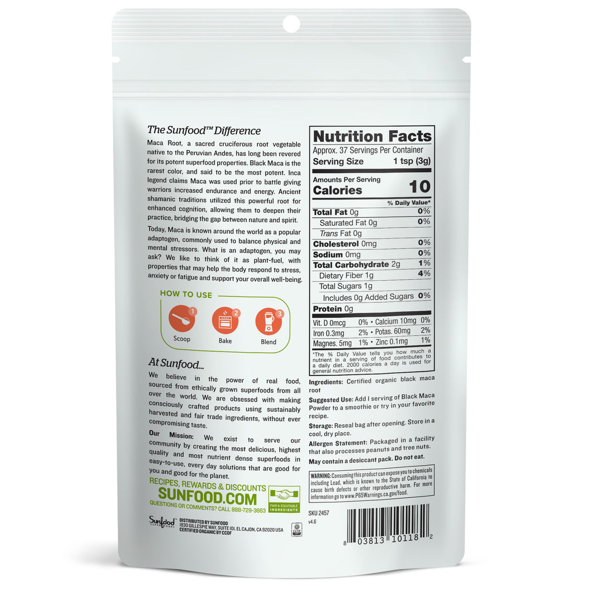 Black Maca Powder, 4oz, Organic, Raw - Back