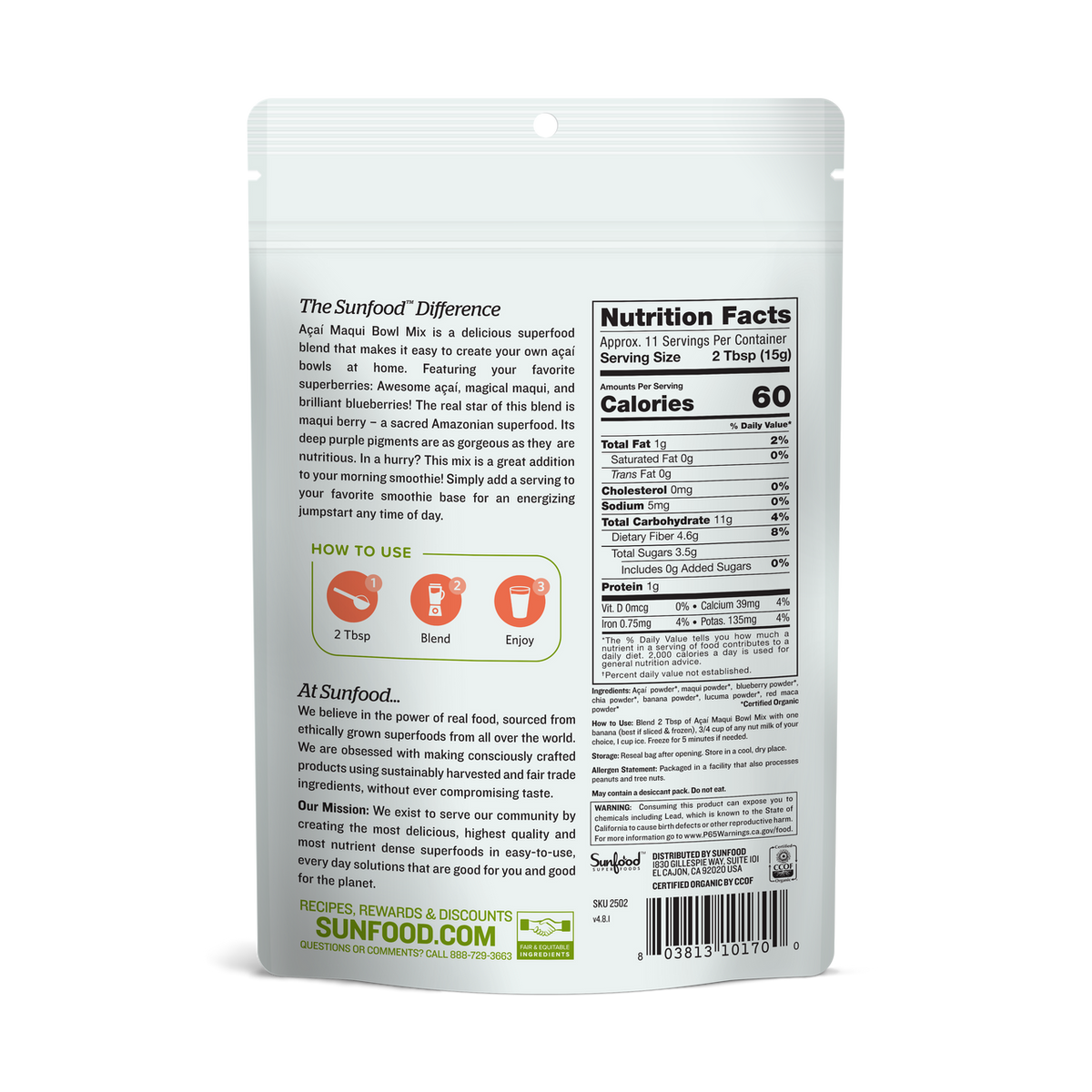 Acai Maqui Bowl Mix, 6oz, Organic - Back of Bag