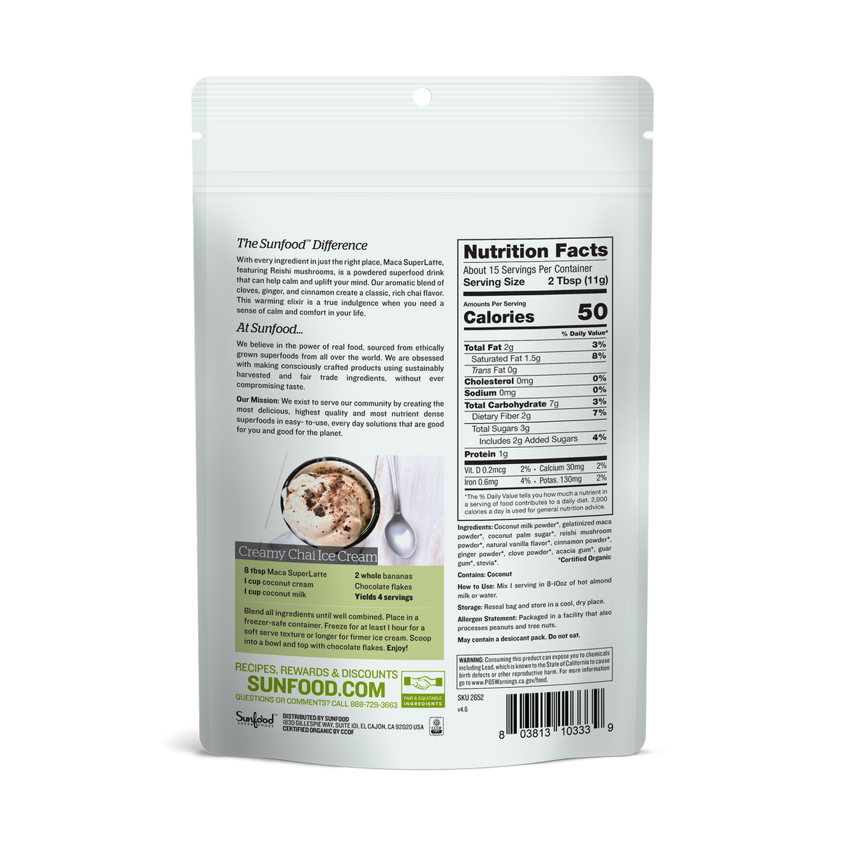 Maca SuperLatte, 6oz, Organic - Back