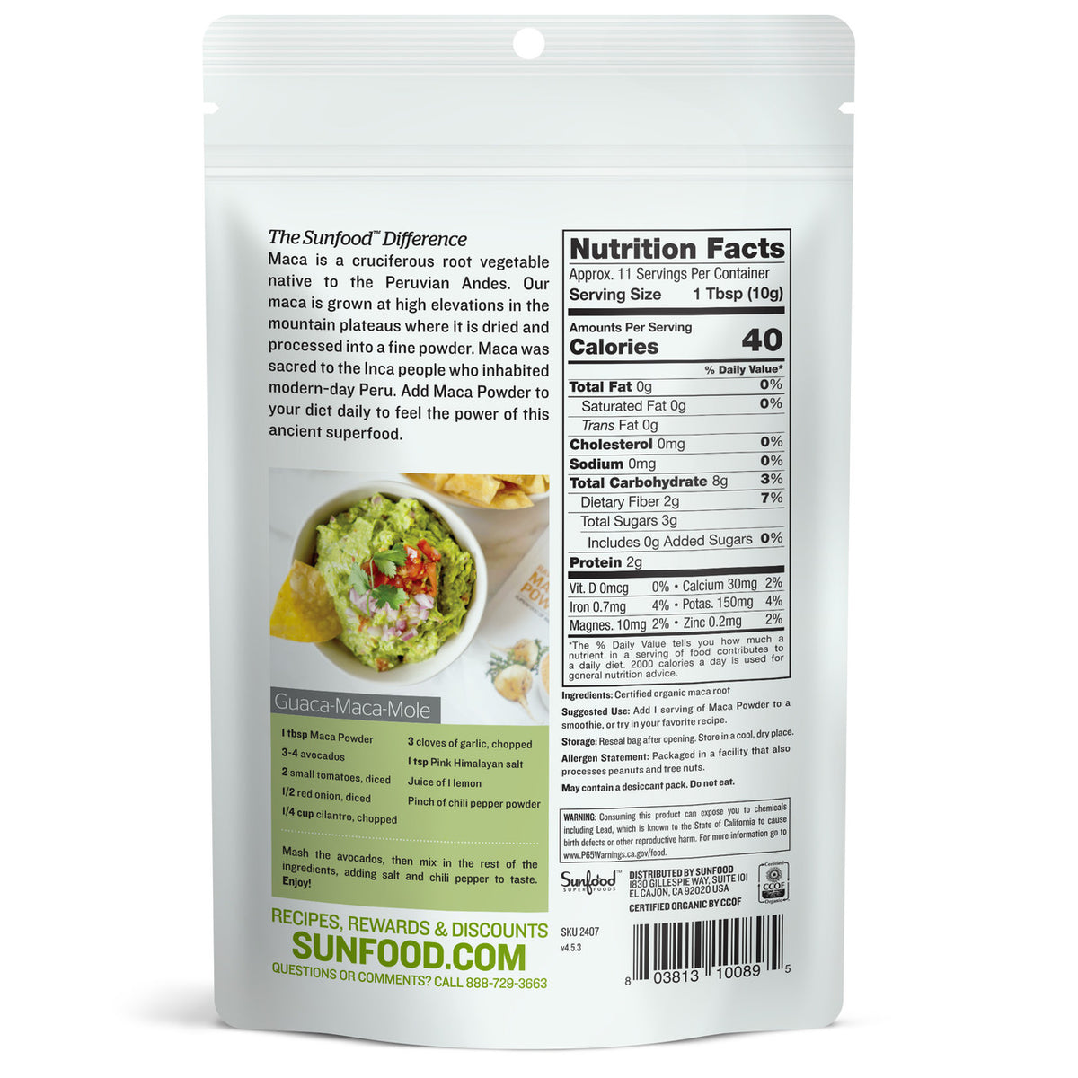 Maca Powder, Back of Bag