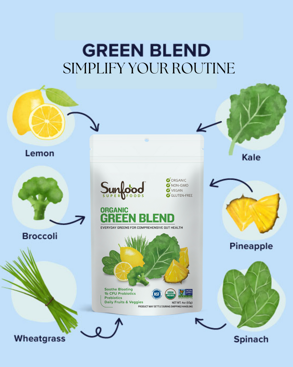 organic green blend with lemon broccoli kale pineapple wheatgrass spinach for gut health wellness immunity family friendly